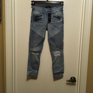 Blue Denim Moto Jeans with Zipper Accents